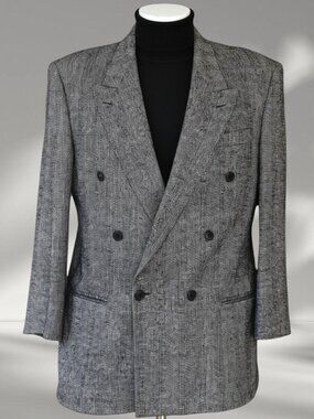 Vintage Mens 100% Silk Herringbone Double Breasted Black Ivory Blazer Cellini